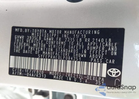 2020 Toyota Corolla Le from USA, damaged, VIN 5YFEPRAE0LP084251